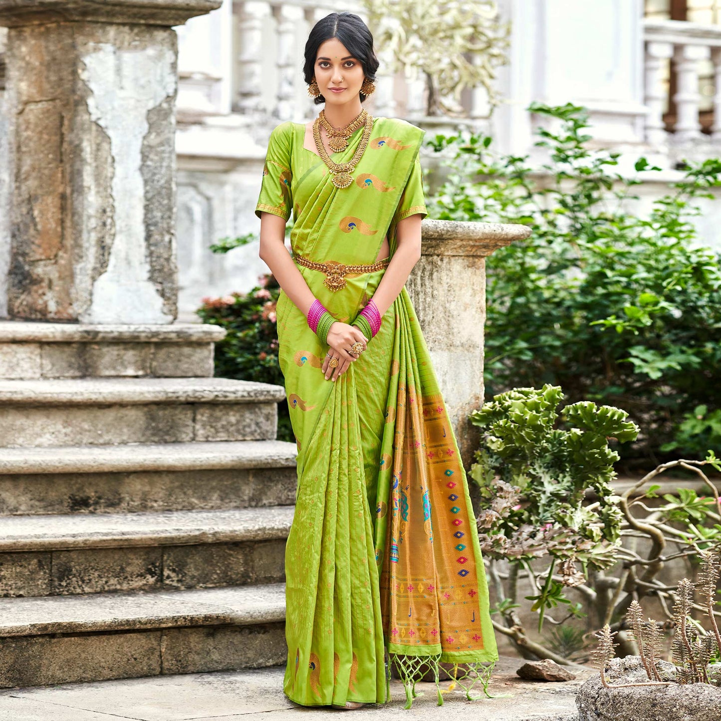 Parrot Green Woven Art Silk Paithani Saree