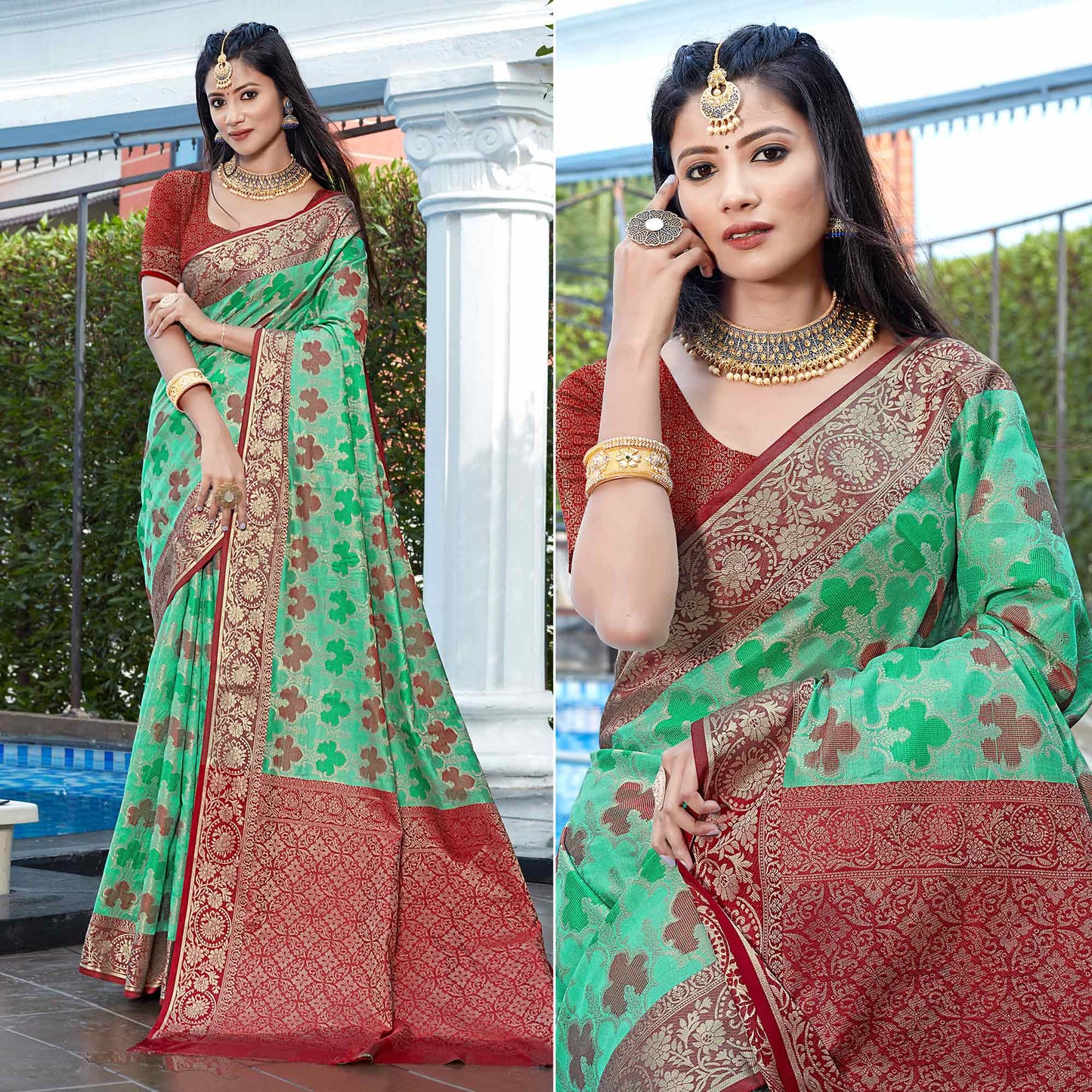 Rama Green Floral Woven Art Silk Saree