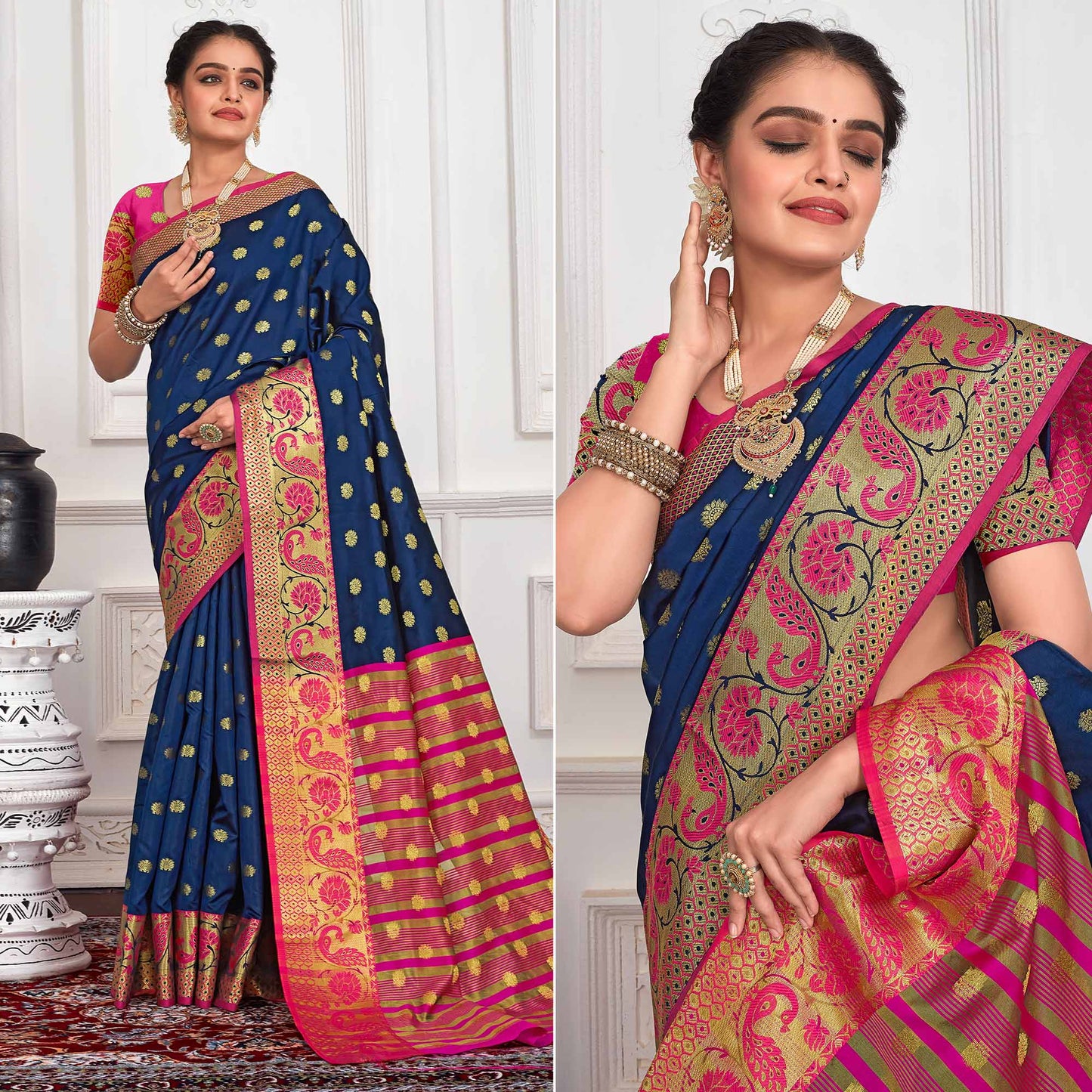 Blue Floral Woven Art Silk Saree