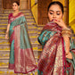 Teal Grey Woven Banarasi Silk Saree With Tassels