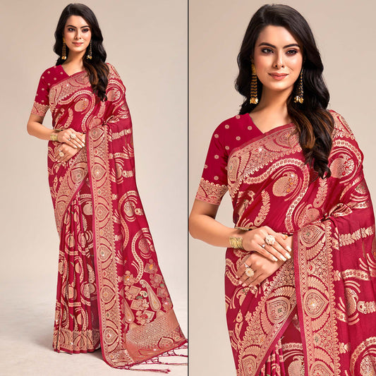 Red Woven Banarasi Silk Saree With Tassels