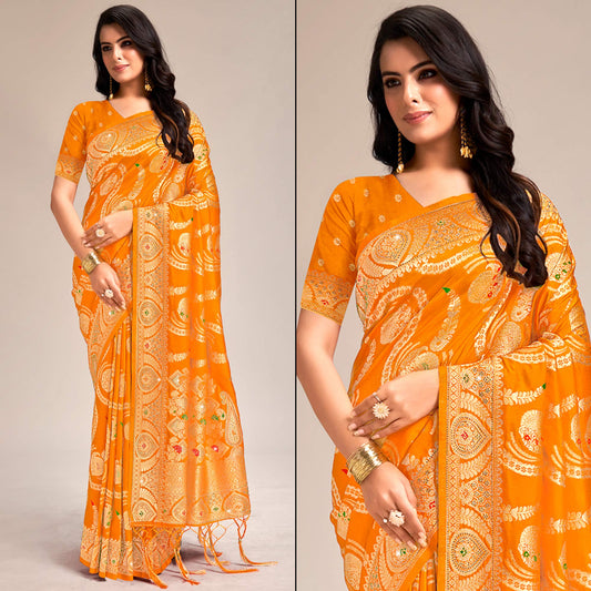 Mustard Woven Banarasi Silk Saree With Tassels