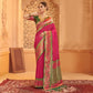 Pink Floral Woven Banarasi Silk Saree With Tassels