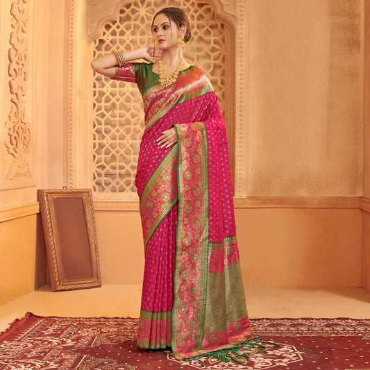 Pink Floral Woven Banarasi Silk Saree With Tassels