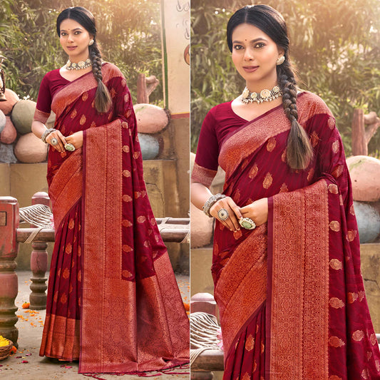 Maroon Floral Woven Banarasi Silk Saree With Tassels