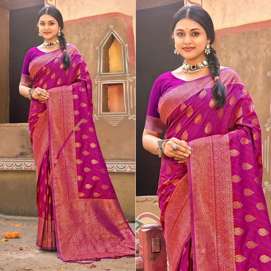 Purple Floral Woven Banarasi Silk Saree With Tassels