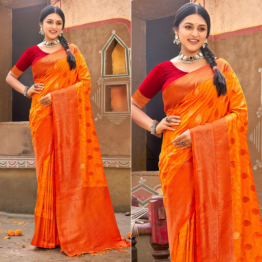 Orange Floral Woven Banarasi Silk Saree With Tassels