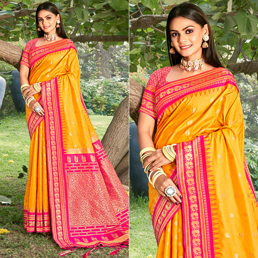 Yellow Woven Paithani Banarasi Silk Saree With Tassels