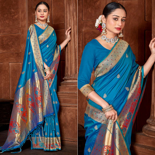 Blue Woven Paithani Banarasi Silk Saree With Tassels