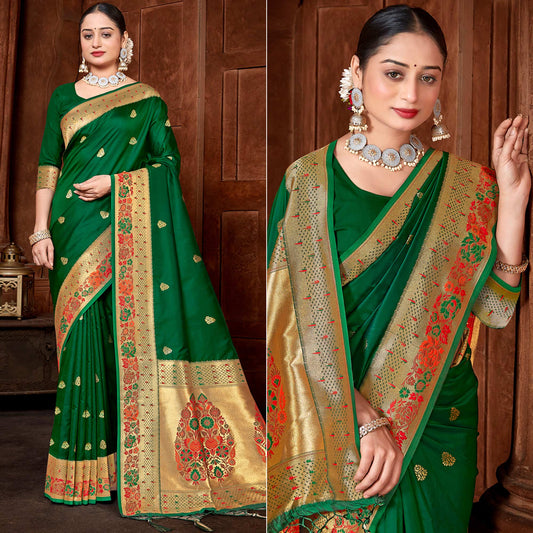 Green Woven Paithani Banarasi Silk Saree With Tassels