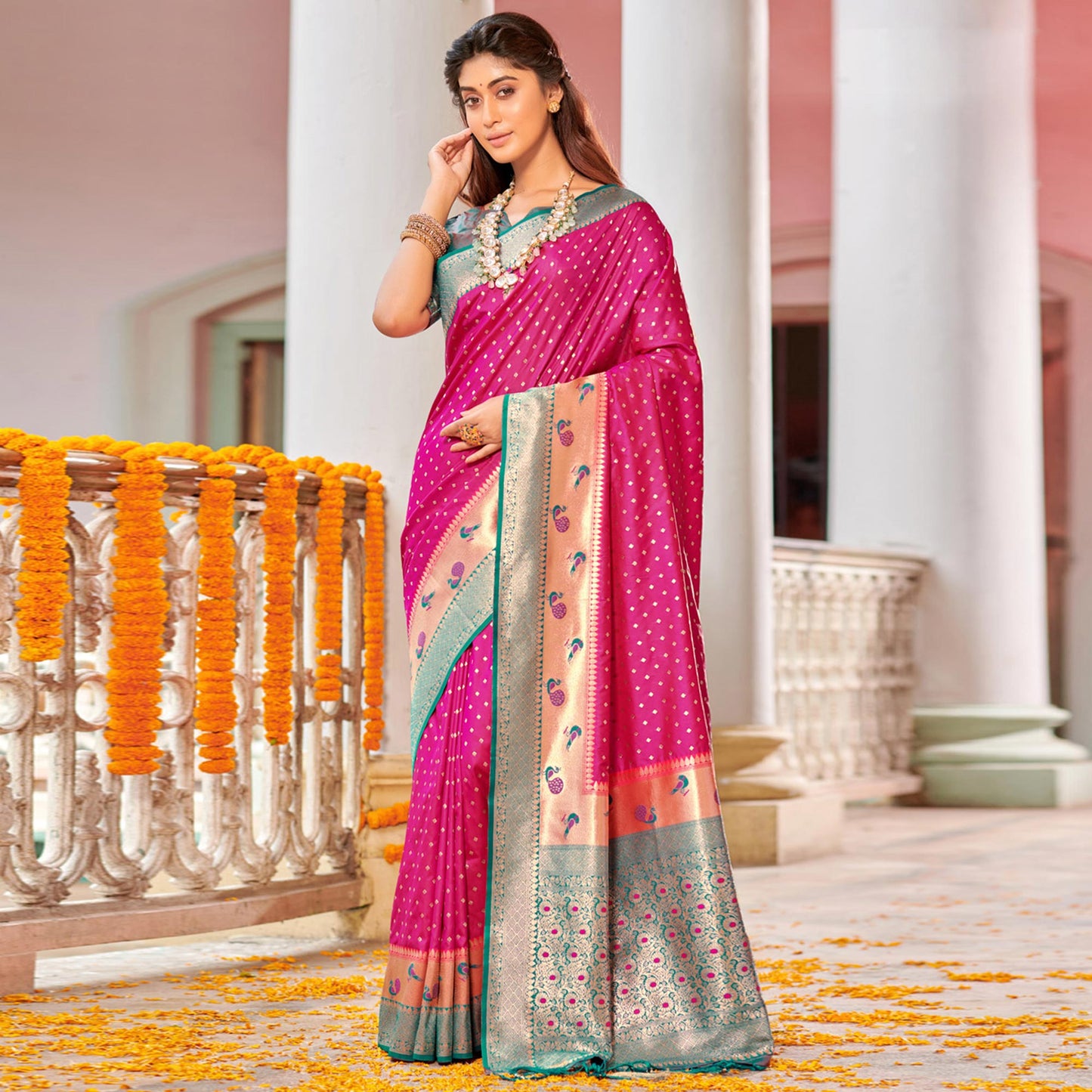 Rani Pink Woven Banarasi Silk Saree With Tassels