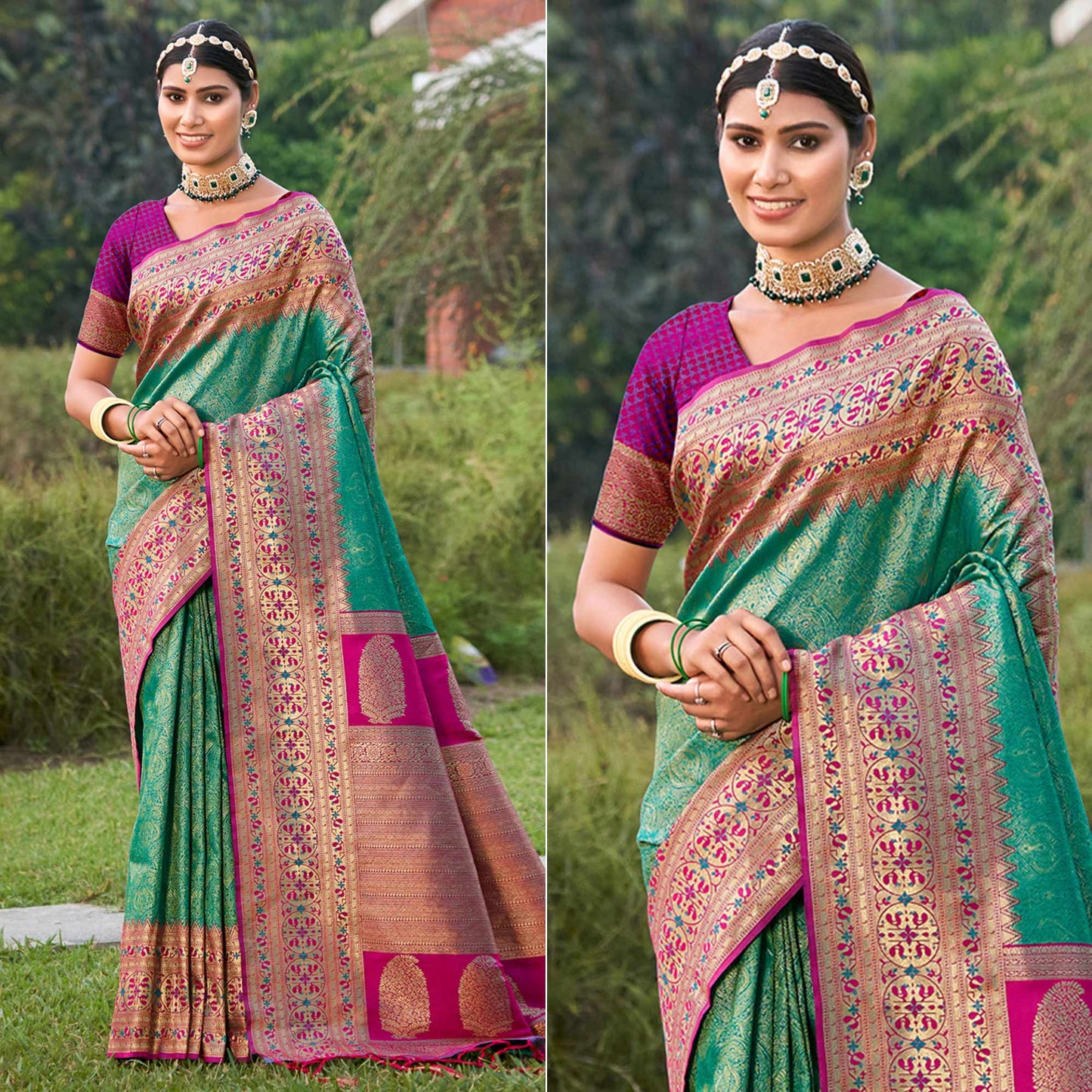 Rama Green Woven Kanjivaram Silk Saree With Tassels