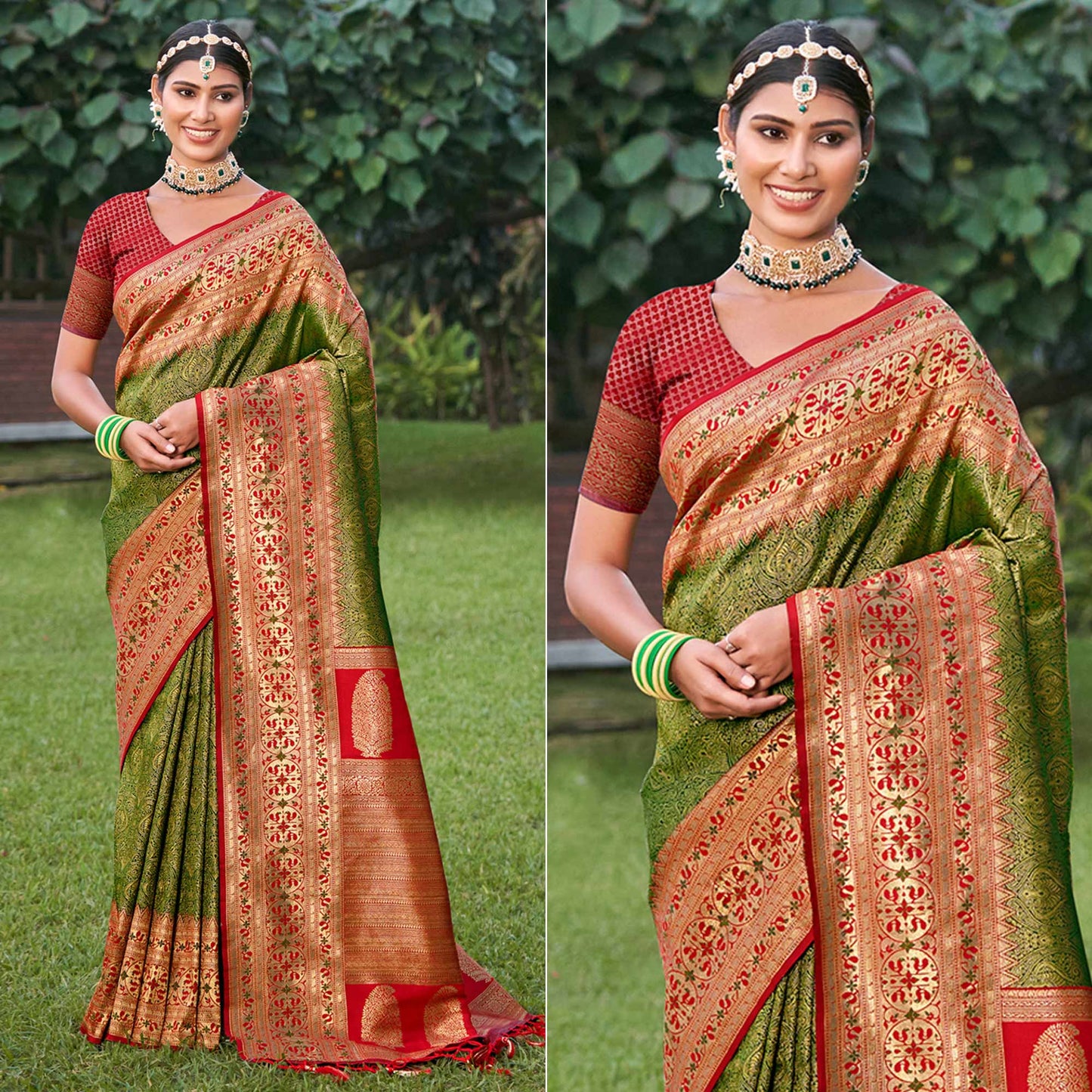 Green Woven Kanjivaram Silk Saree With Tassels