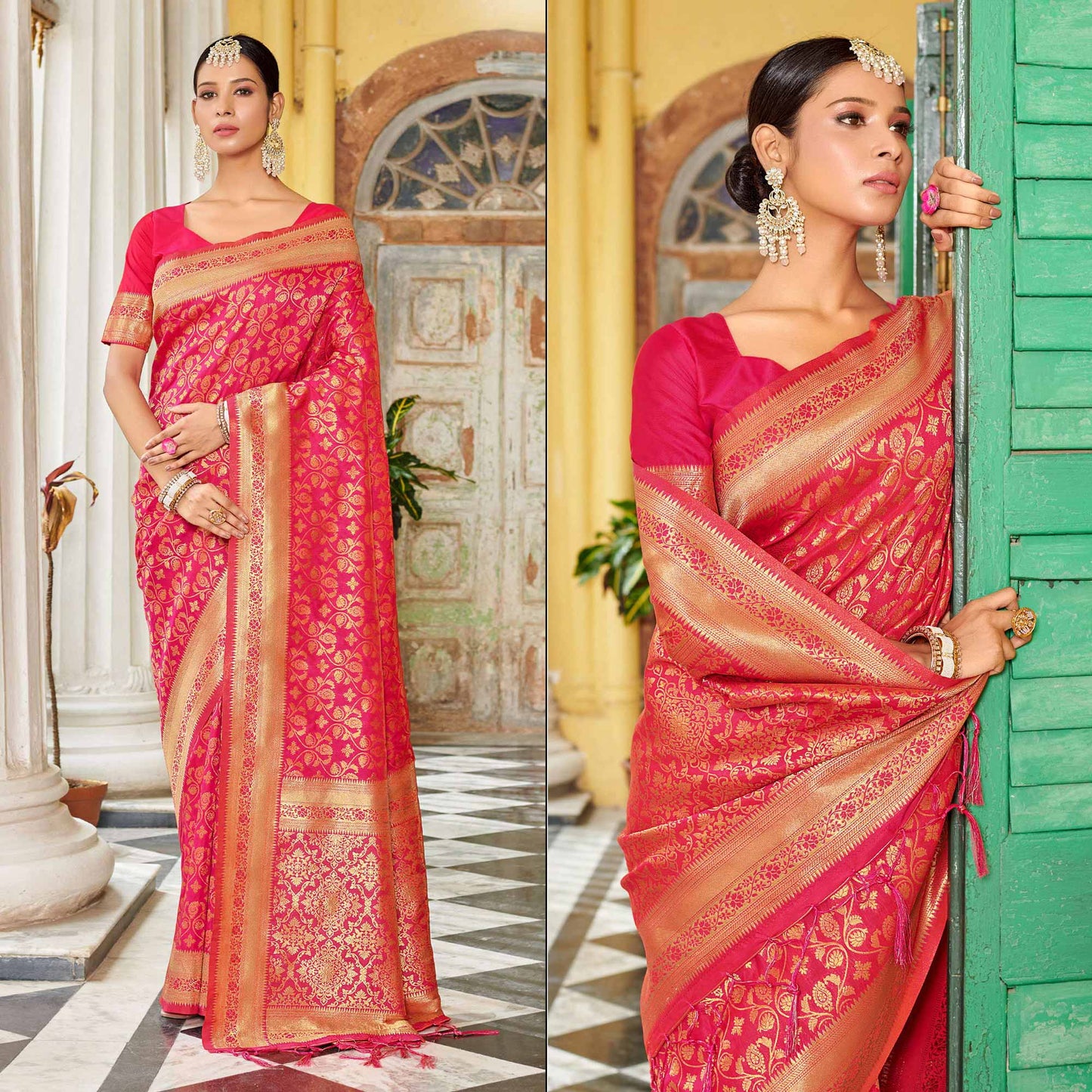 Magenta Floral Woven Banarasi Silk Saree With Tassels