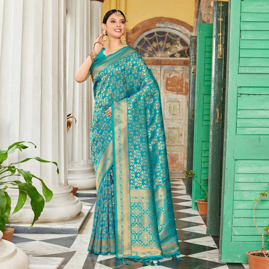 Turquoise Floral Woven Banarasi Silk Saree With Tassels