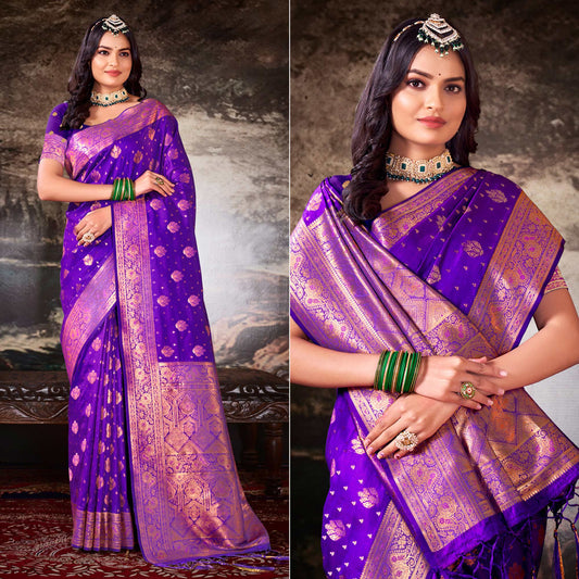 Violet Floral Woven Banarasi Silk Saree With Tassels