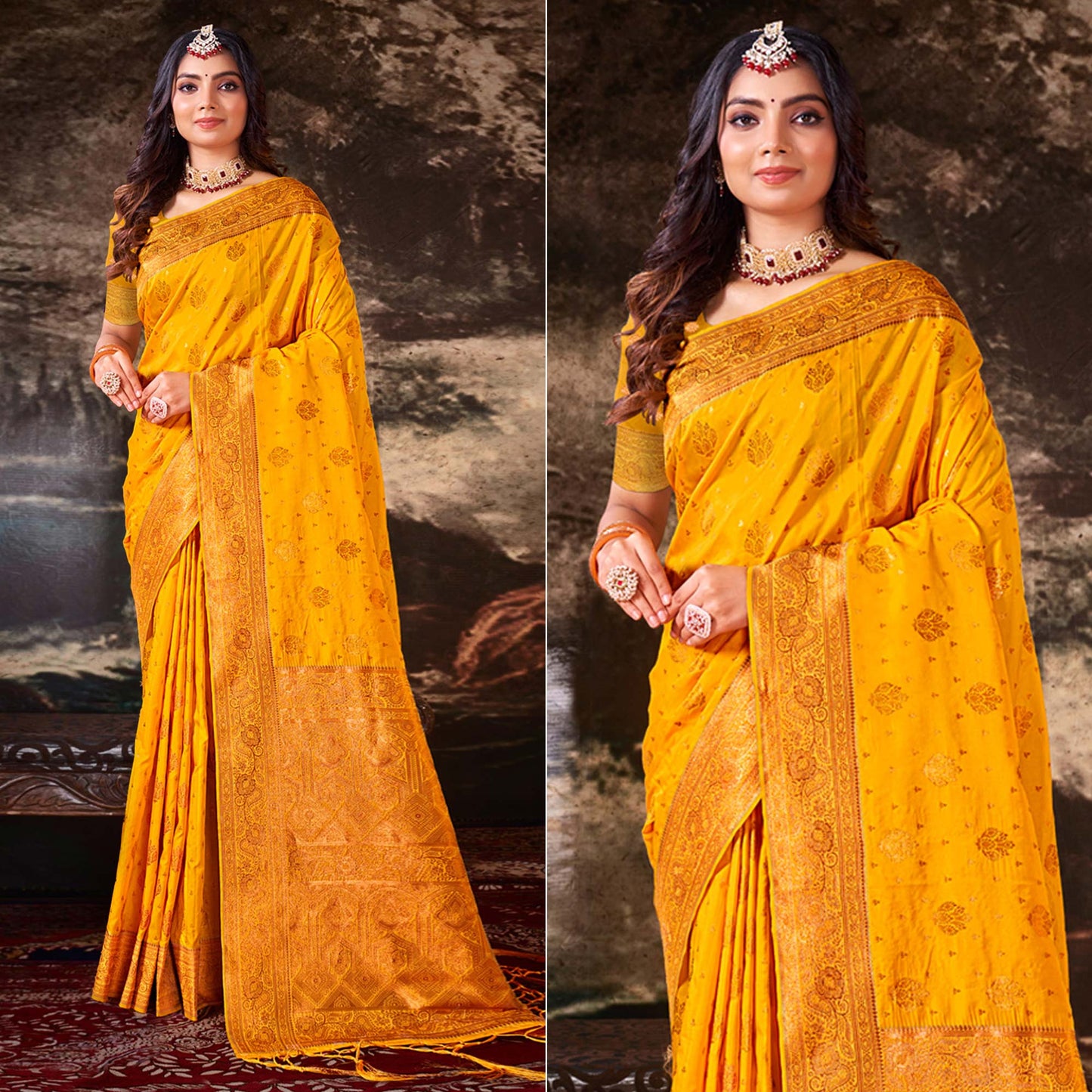 Mustard Floral Woven Banarasi Silk Saree With Tassels