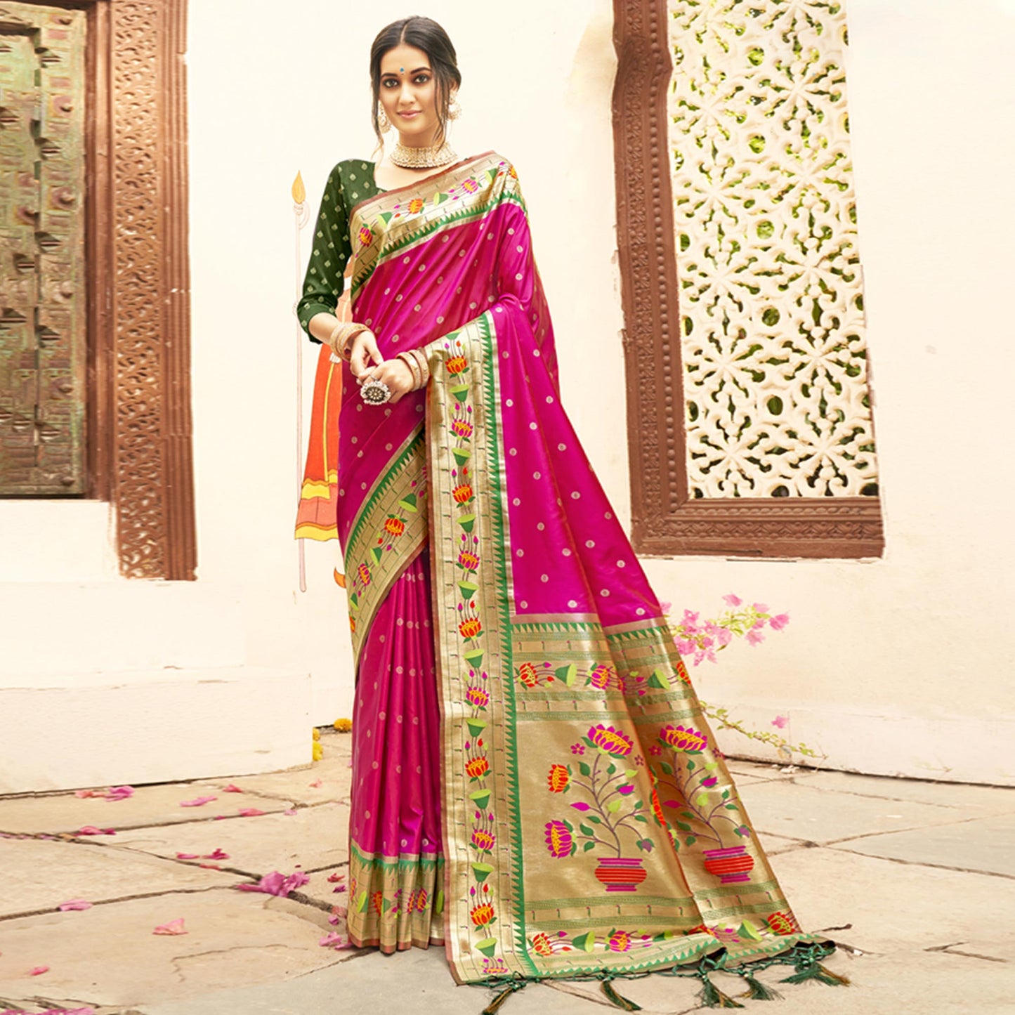 Rani Pink Floral Woven Banarasi Silk Saree With Tassels