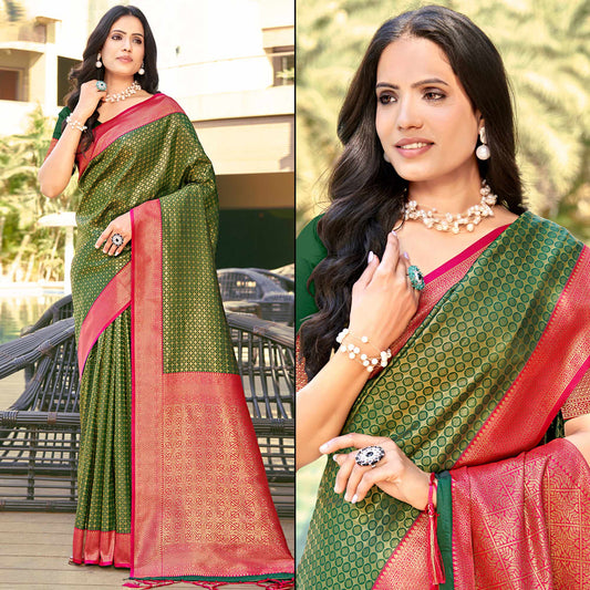 Mehendi Green Woven Banarasi Silk Saree With Tassels