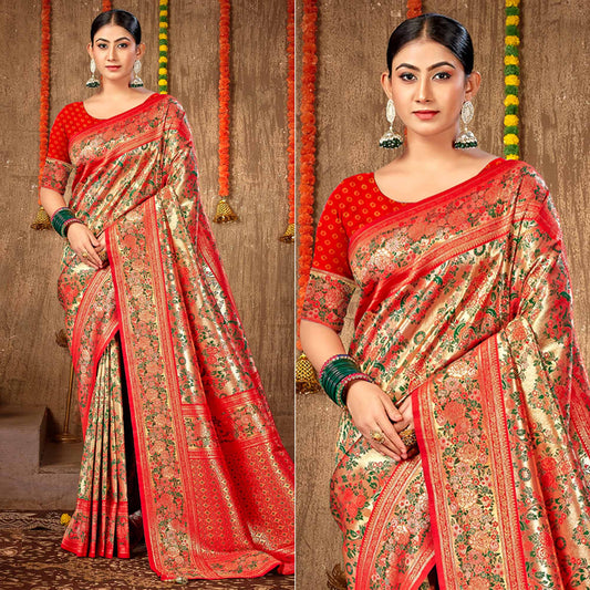 Red Floral Woven Banarasi Silk Saree