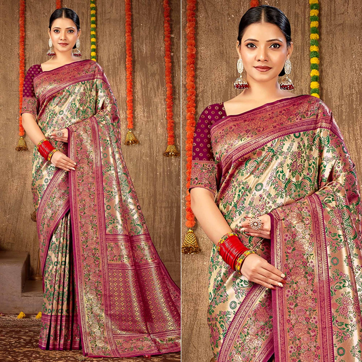 Purple Floral Woven Banarasi Silk Saree