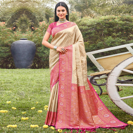 Cream Woven Banarasi Silk Saree With Tassels