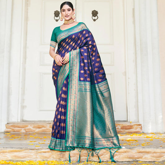 Blue Woven Banarasi Silk Saree With Tassels