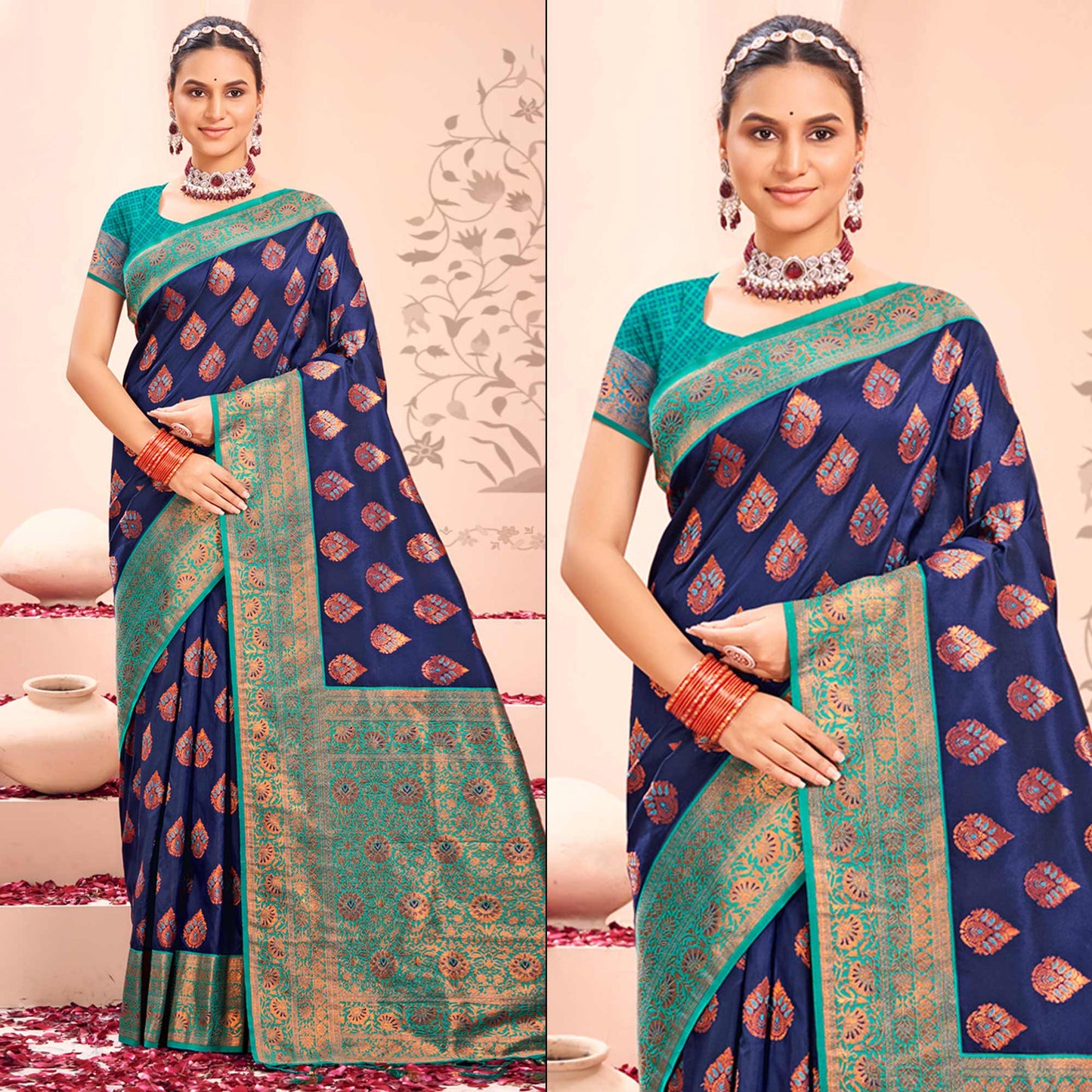 Navy Blue Floral Woven Kanjivaram Silk Saree With Tassels