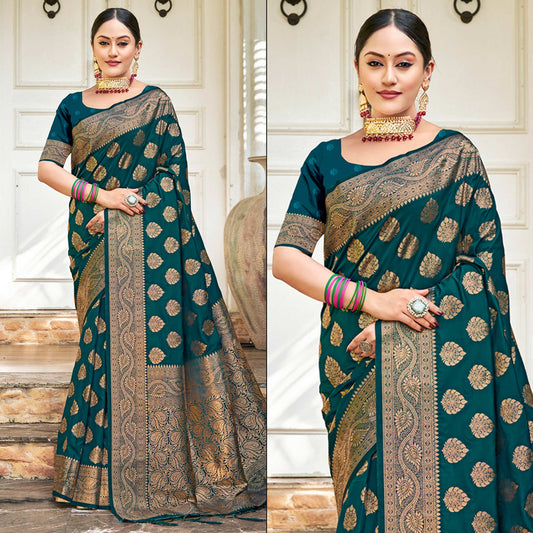 Teal Floral Woven Banarasi Silk Saree