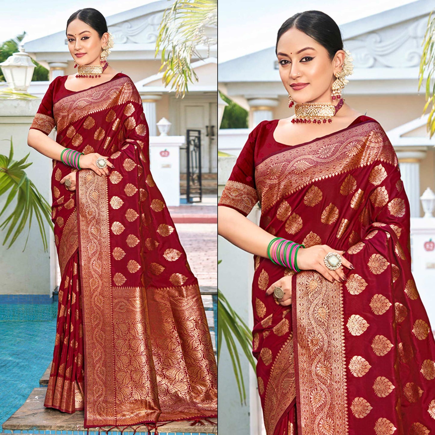 Maroon Floral Woven Banarasi Silk Saree