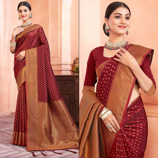 Maroon Woven Banarasi Silk Saree With Tassels