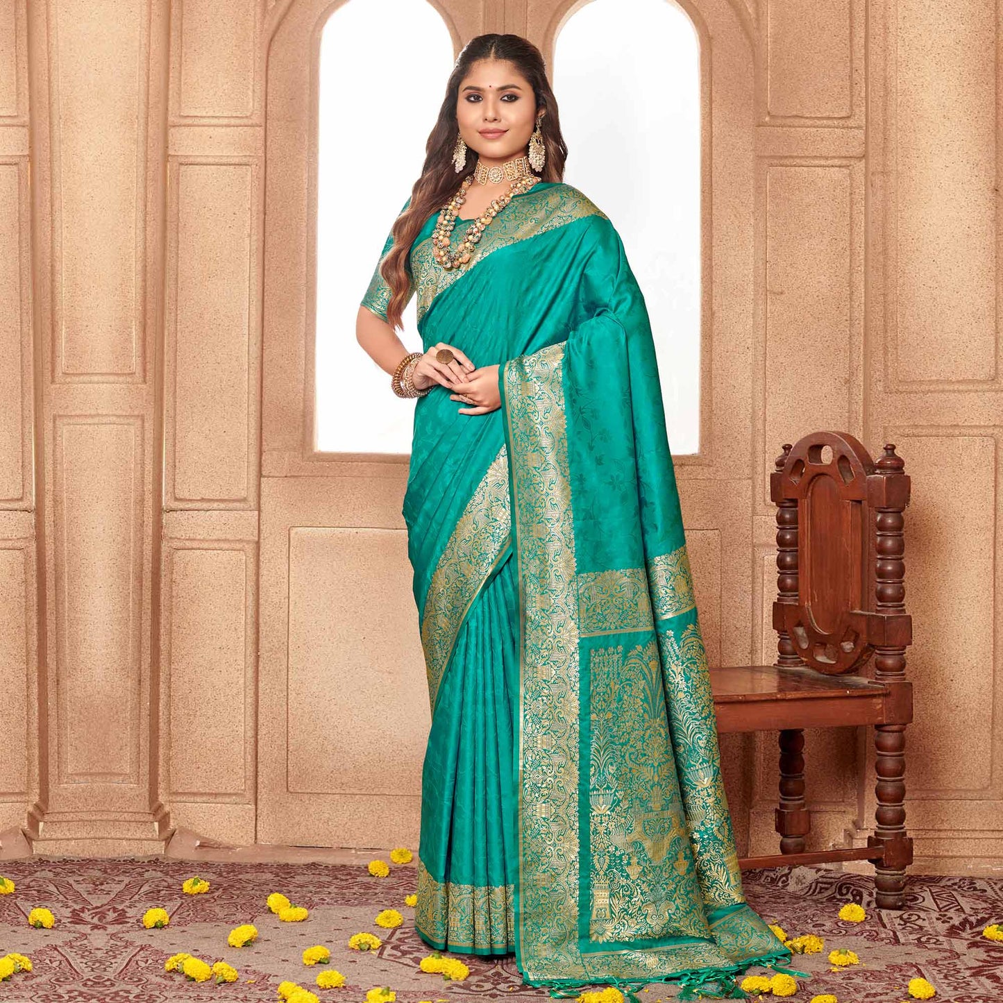 Rama Green Floral Woven Banarasi Silk Saree With Tassels