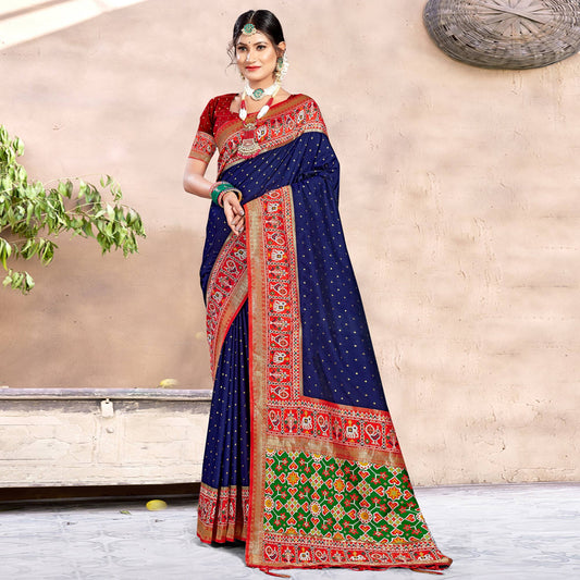 Navy Blue Woven Patola Banarasi Silk Saree With Tassels