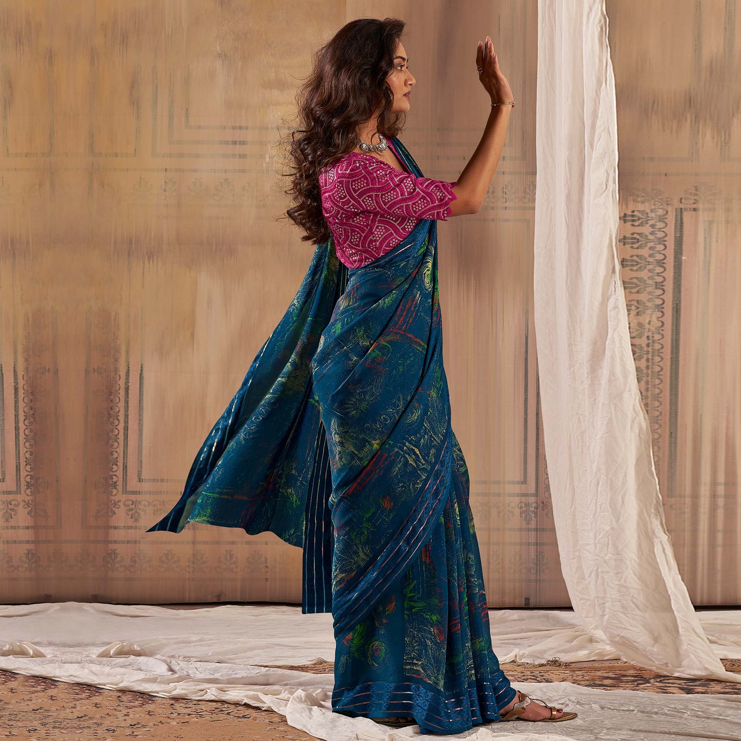 Teal Floral Printed Georgette Saree