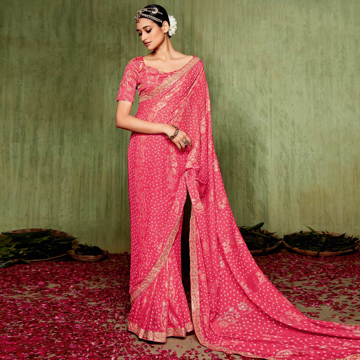 Pink Foil Printed With Embroidered Border Chiffon Saree