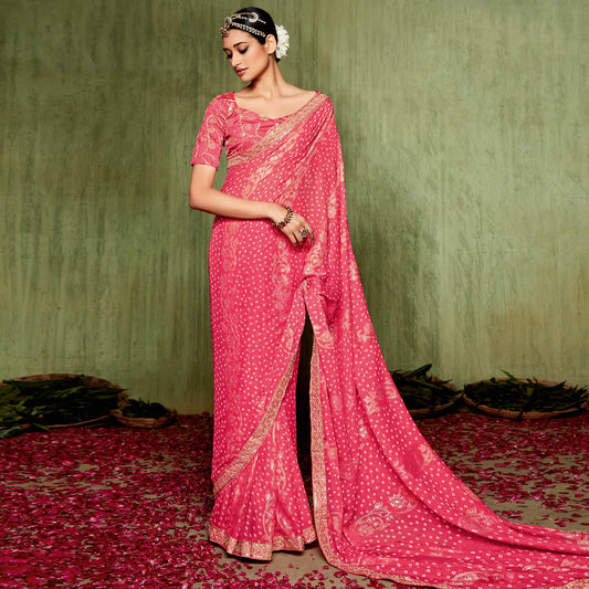 Pink Foil Printed With Embroidered Border Chiffon Saree