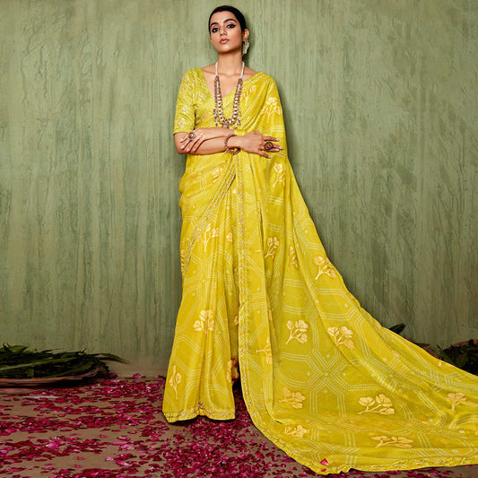 Lemon yellow Foil Printed With Embroidered Border Chiffon Saree