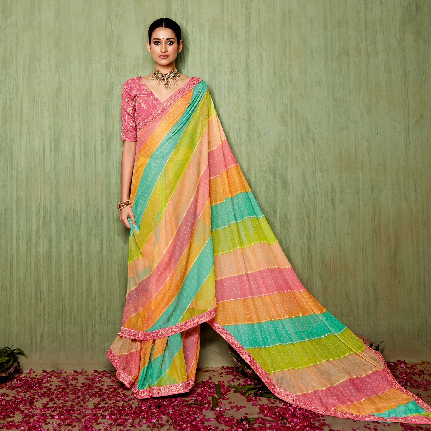 Multicolor Bandhani Printed Chiffon Saree