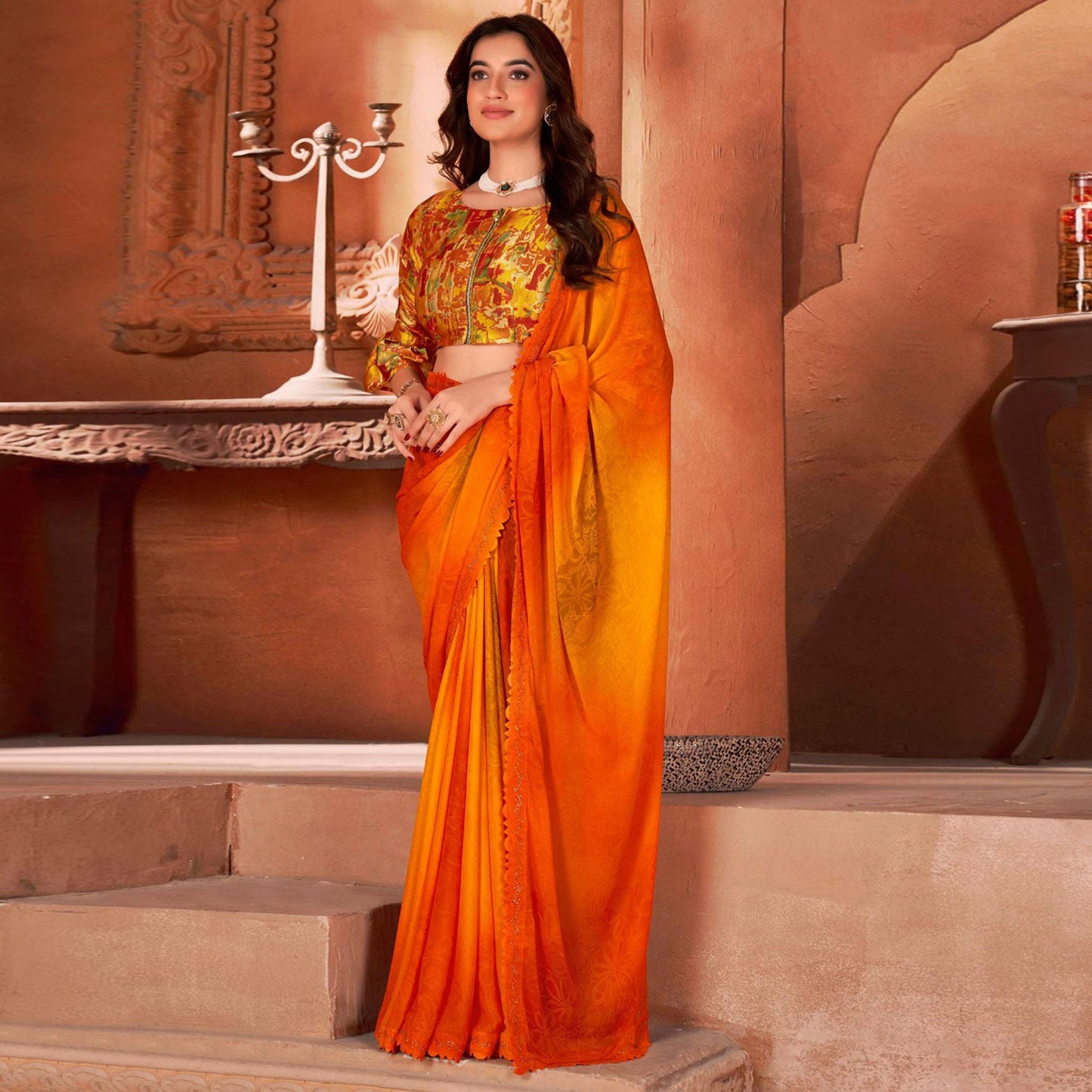 Orange Printed Moss Georgette Saree With Swarovski Work Border