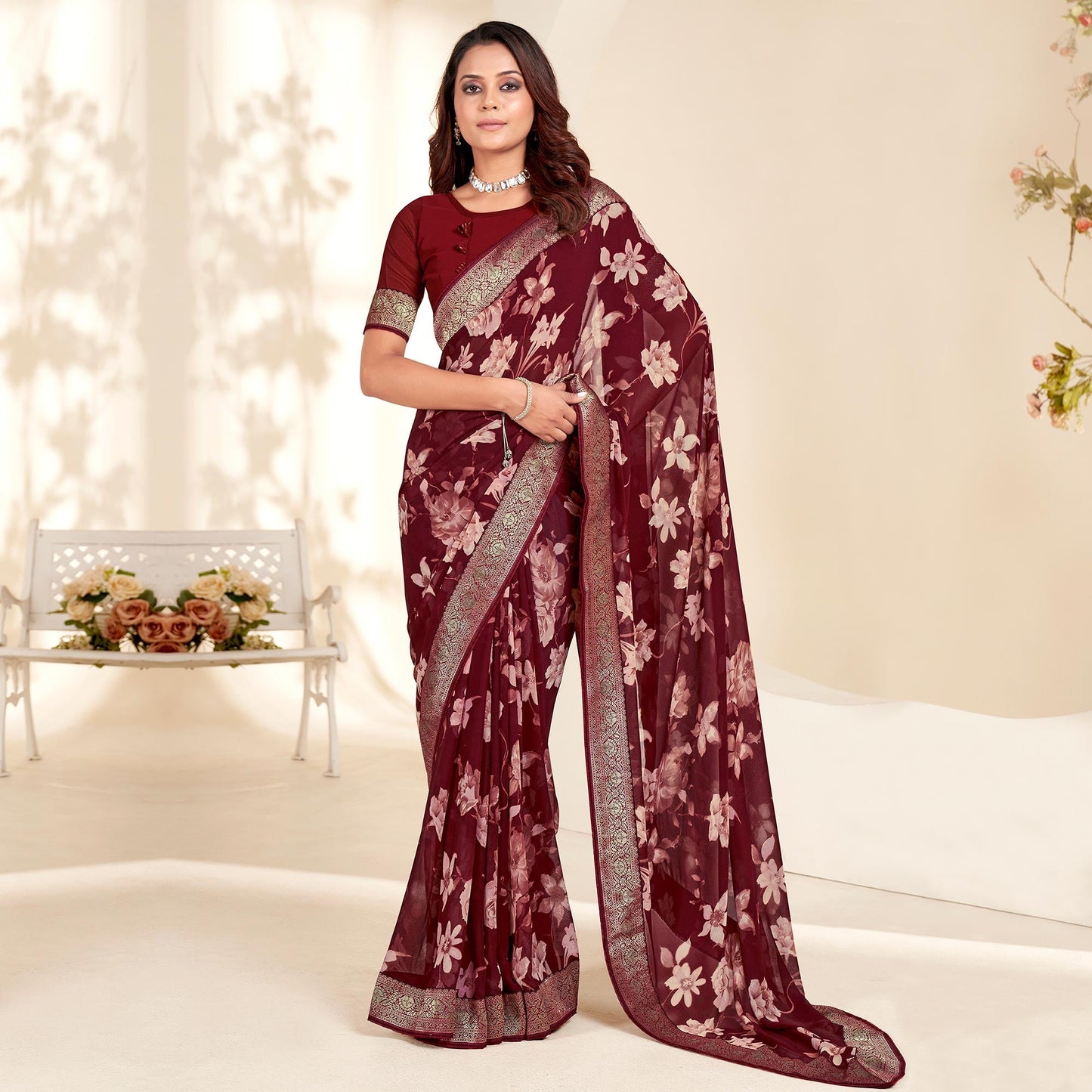 Maroon Floral Printed Georgette Saree With Embroidered Border