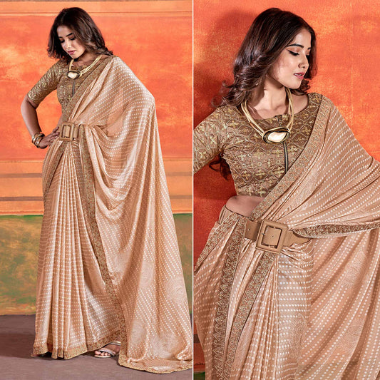 Beige Bandhani Printed Chiffon Saree With Embroidered Border