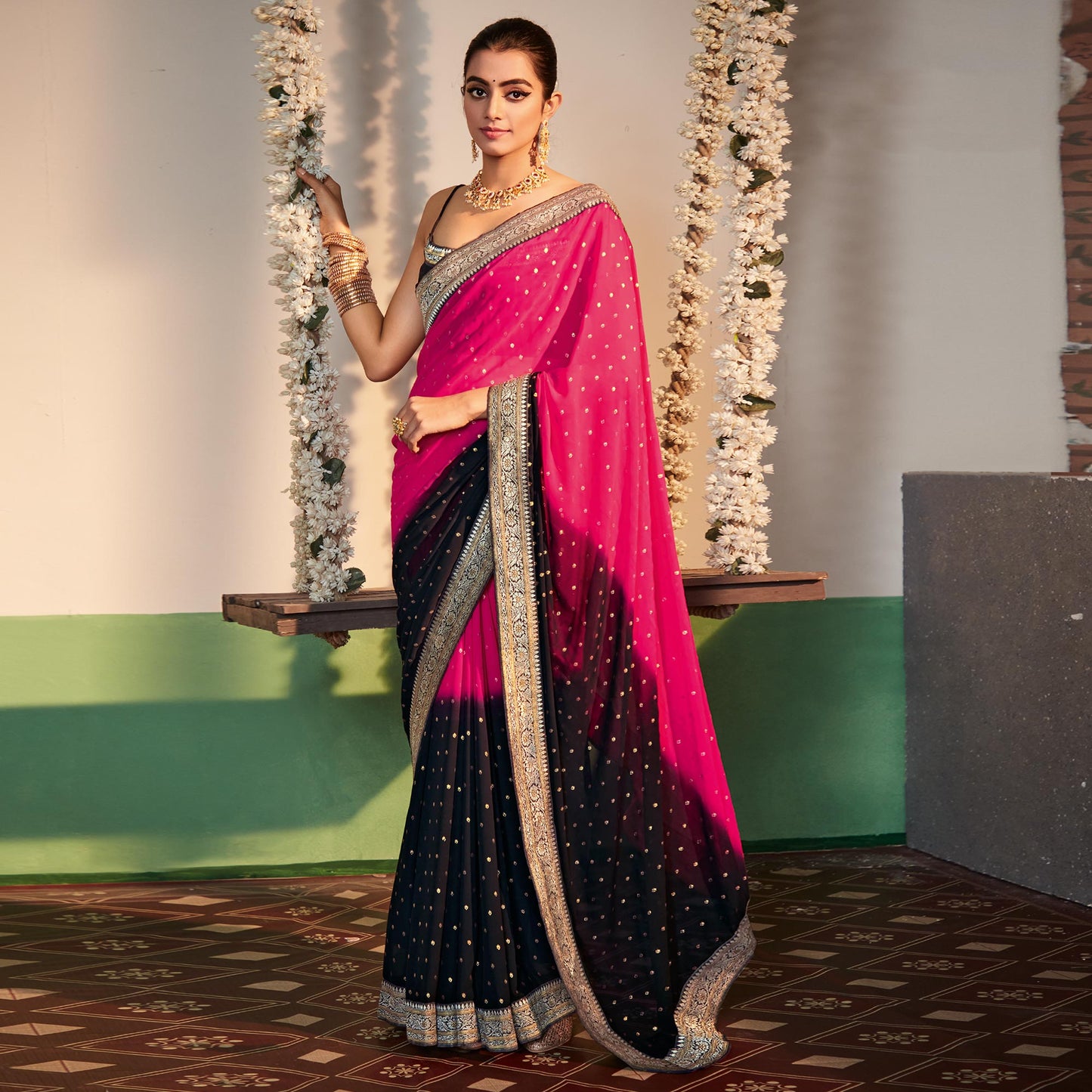 Pink & Black Foil Printed Georgette Saree