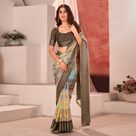 Chikoo Ombre Printed Chiffon Saree With Satin Zari Border