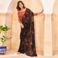 Black & Orange Floral Printed Georgette Saree With Tassels