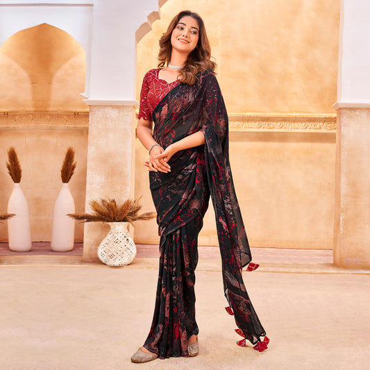 Black & Red Floral Printed Georgette Saree With Tassels