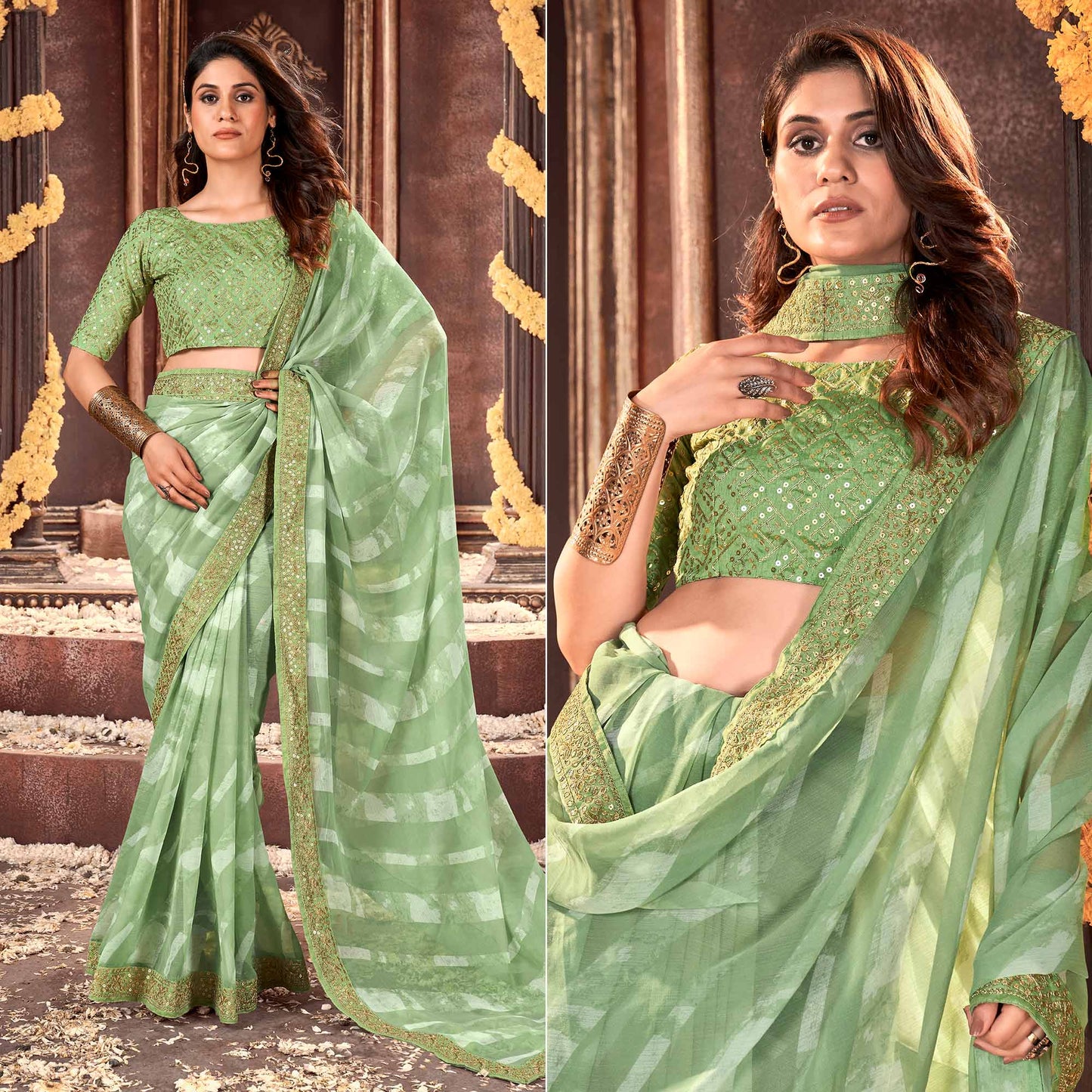 Pista Green Striped Printed Georgette Saree