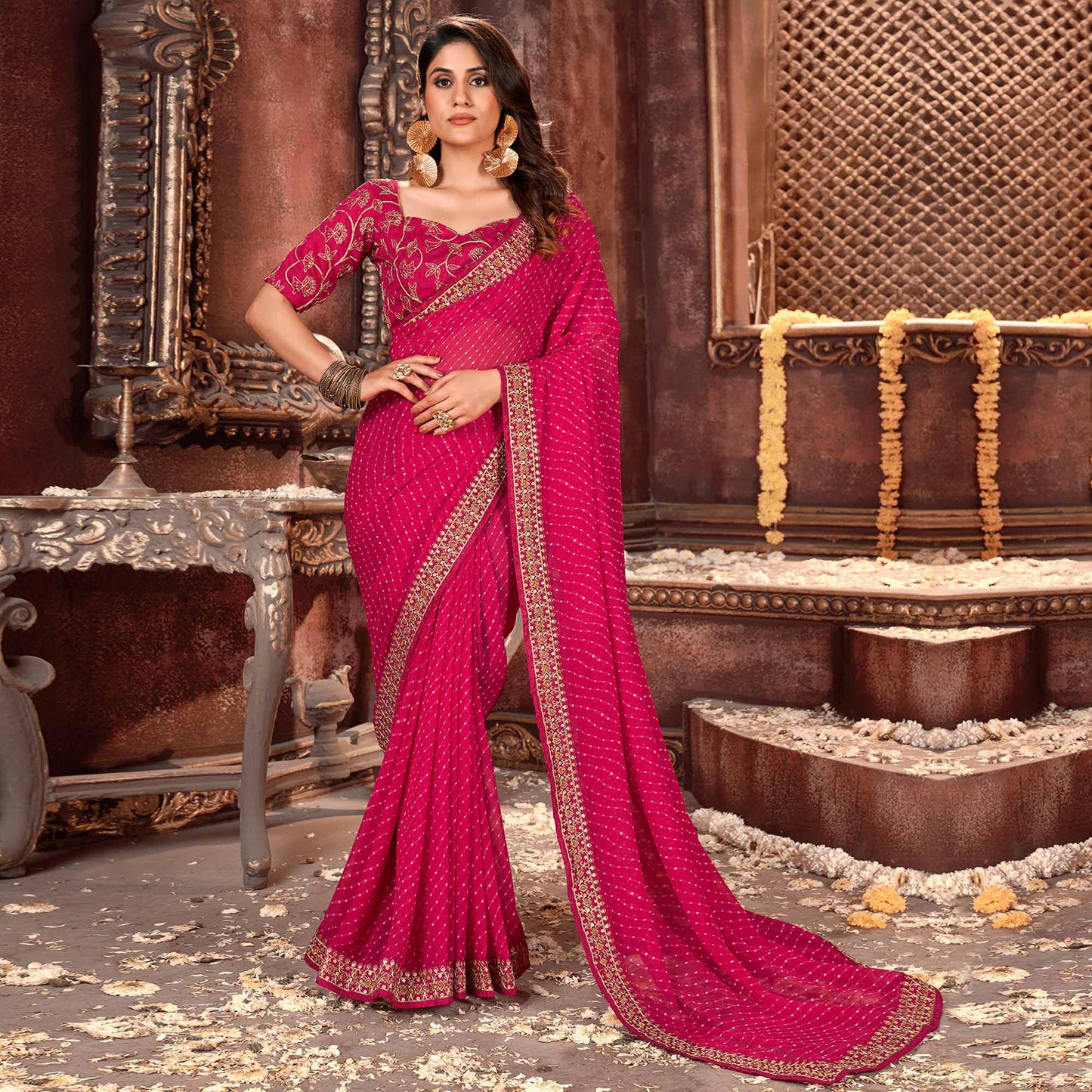 Pink Striped Printed Georgette Saree