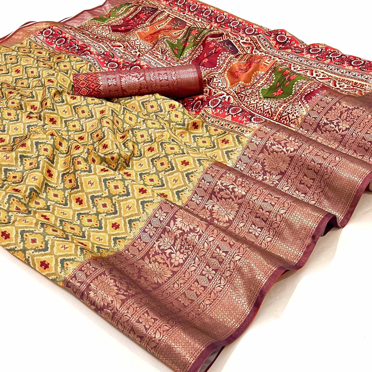 Yellow Floral Digital Printed With Woven Border Art Silk Saree