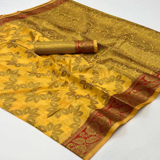 Yellow Floral Woven Art Sill Saree