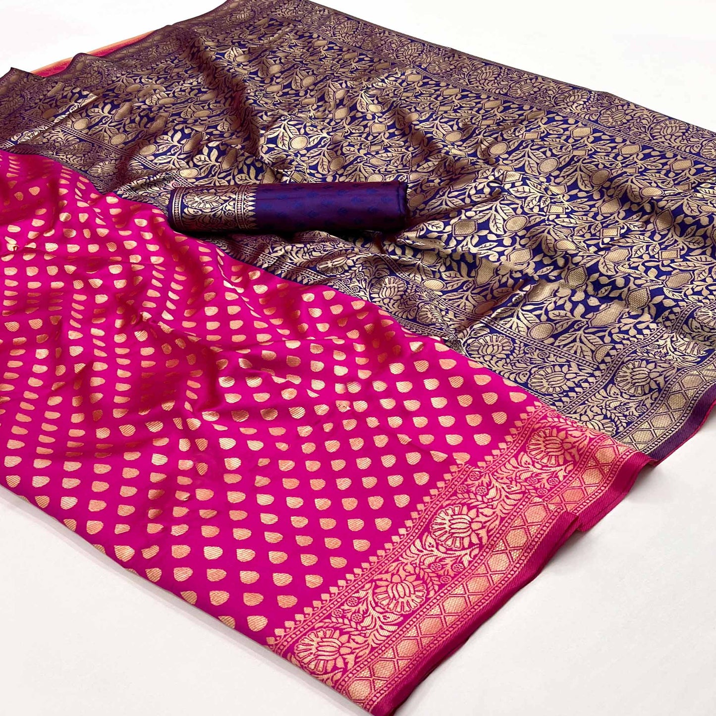 Rani Pink Floral Woven Banarasi Silk Saree